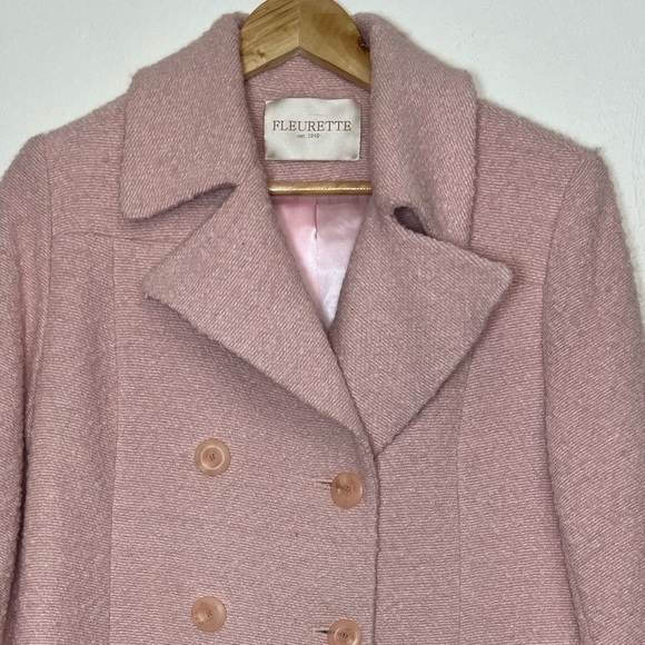 Fleurette Baby Pink Wool Blend Double Breasted Pea Coat Fully Lined Size 10 - Picture 3 of 12